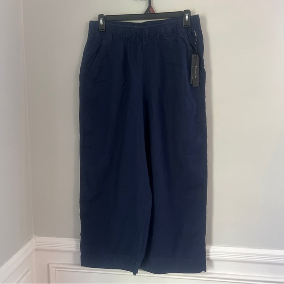 Tahari Women’s Pants Linen XL Dark Blue Wide Leg Cropped Lagenlook Pull-on NWT - Picture 2 of 8